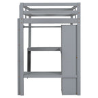 Grey Twin Size Solid Wood Loft Bed with L-shaped Desk, Wardrobe, and Shelves