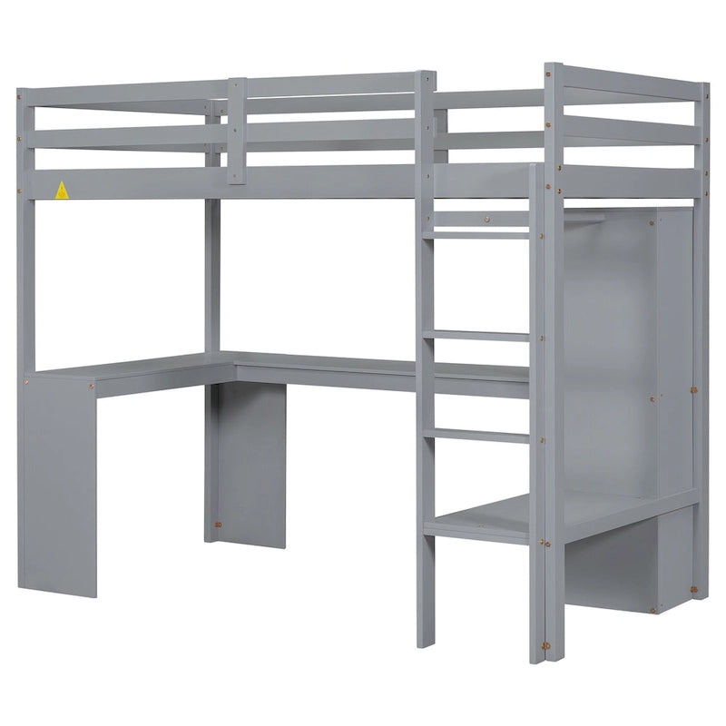 Grey Twin Size Solid Wood Loft Bed with L-shaped Desk, Wardrobe, and Shelves