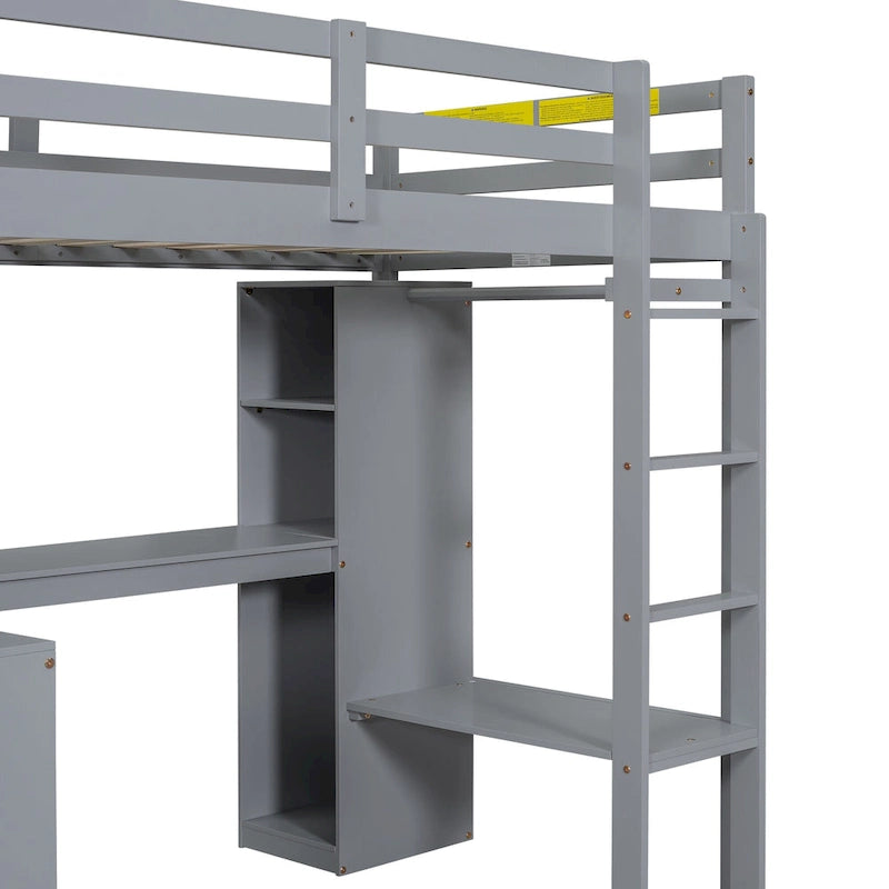 Grey Twin Size Solid Wood Loft Bed with L-shaped Desk, Wardrobe, and Shelves