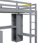 Grey Twin Size Solid Wood Loft Bed with L-shaped Desk, Wardrobe, and Shelves