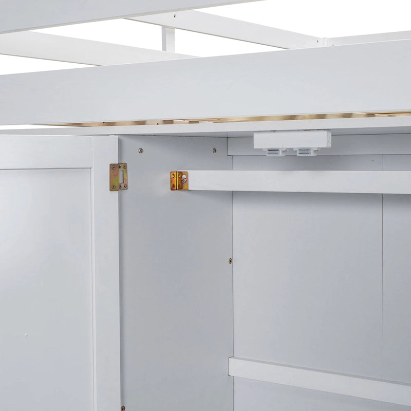 White Full Size Solid Wood Loft Bed with Built-in Wardrobe, Desk, and Shelves