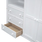 White Full Size Solid Wood Loft Bed with Built-in Wardrobe, Desk, and Shelves