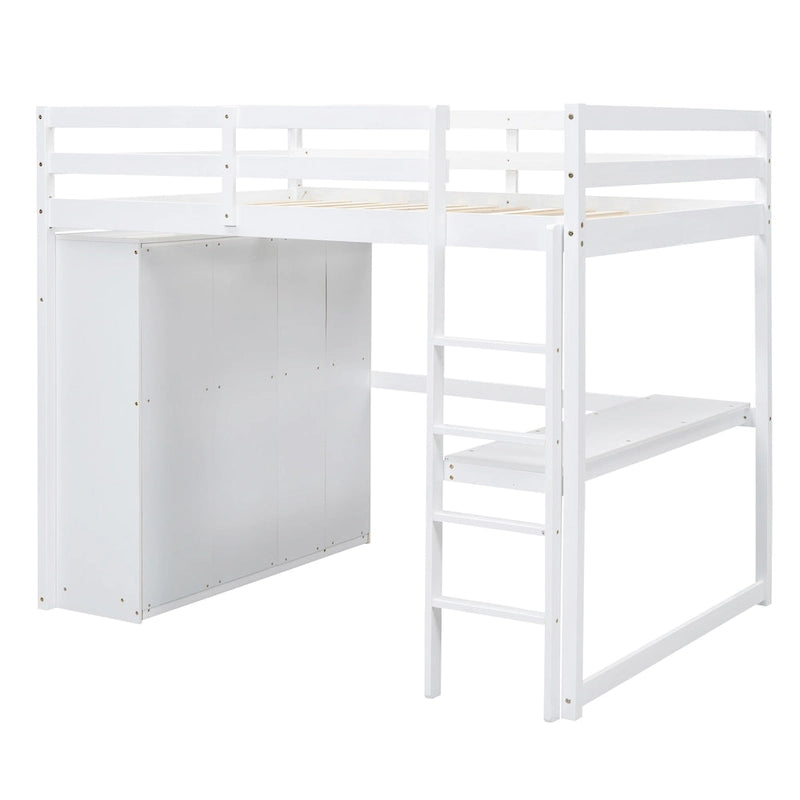 White Full Size Solid Wood Loft Bed with Built-in Wardrobe, Desk, and Shelves
