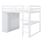 White Full Size Solid Wood Loft Bed with Built-in Wardrobe, Desk, and Shelves