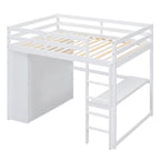 White Full Size Solid Wood Loft Bed with Built-in Wardrobe, Desk, and Shelves