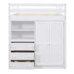White Full Size Solid Wood Loft Bed with Built-in Wardrobe, Desk, and Shelves