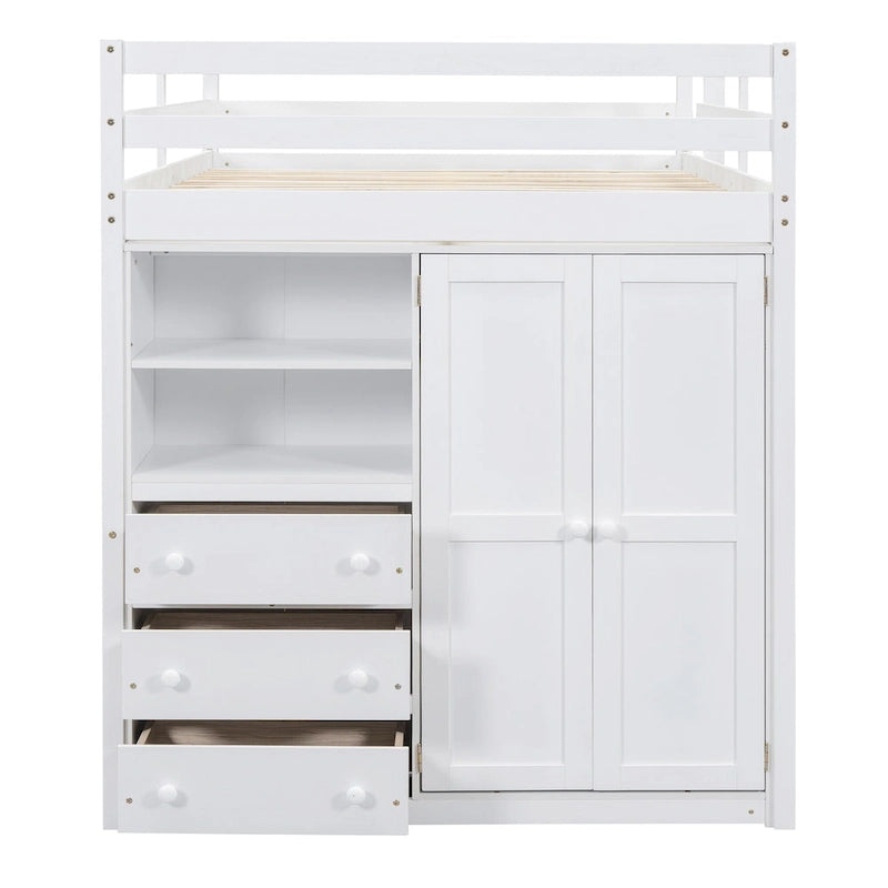 White Full Size Solid Wood Loft Bed with Built-in Wardrobe, Desk, and Shelves