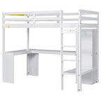 White Twin Size Solid Wiood Loft Bed with L-shaped Desk, Wardrobe and Storage Shelves