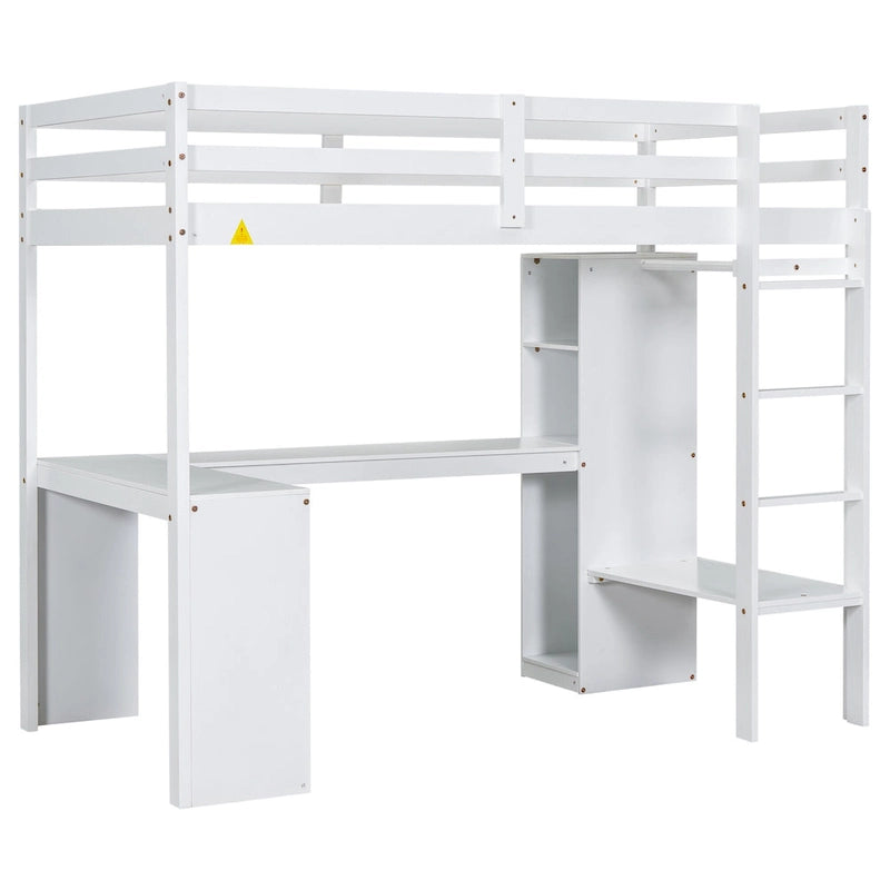 White Twin Size Solid Wiood Loft Bed with L-shaped Desk, Wardrobe and Storage Shelves