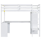 White Twin Size Solid Wiood Loft Bed with L-shaped Desk, Wardrobe and Storage Shelves