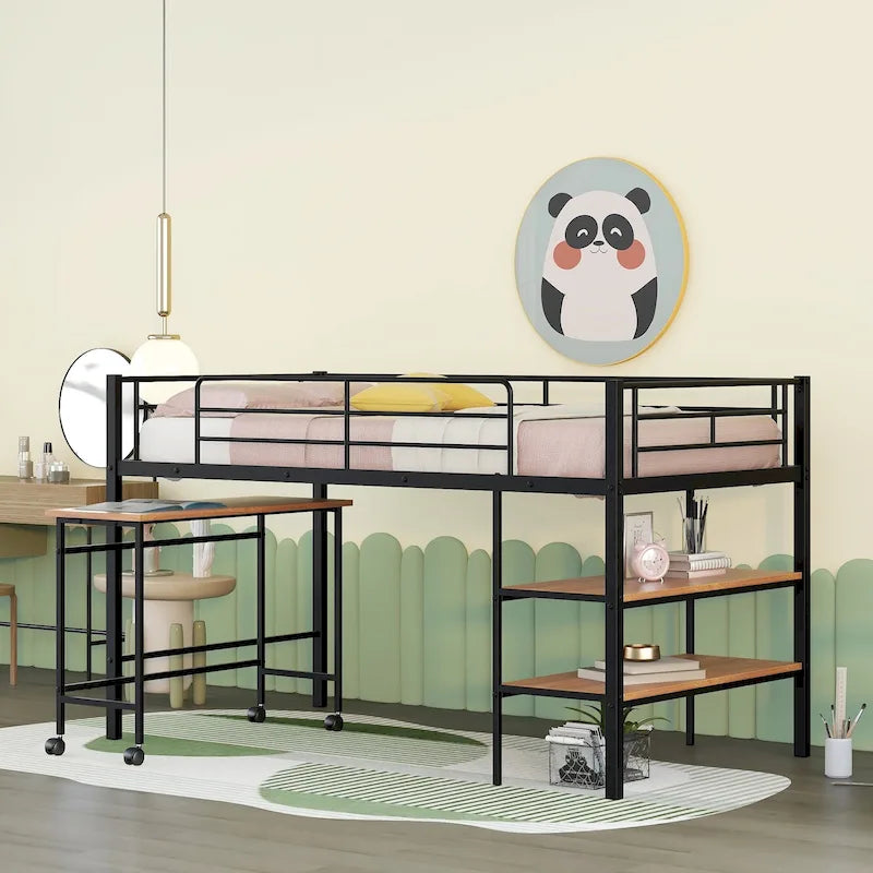 Black Twin Size Metal Loft Bed with Desk and Shelves for Kids and Teens