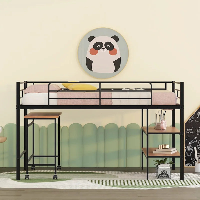 Black Twin Size Metal Loft Bed with Desk and Shelves for Kids and Teens