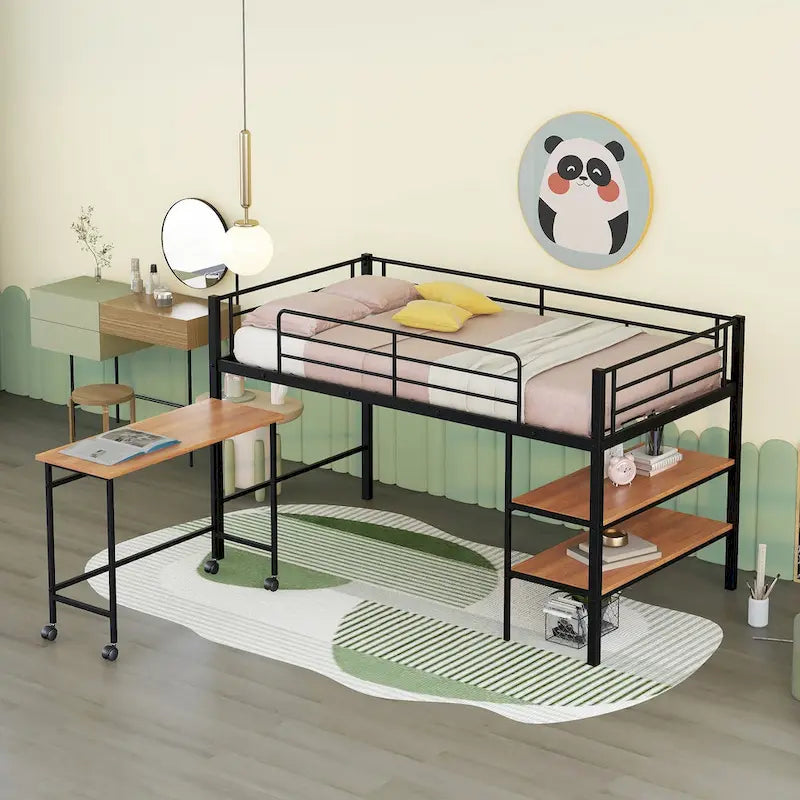 Black Twin Size Metal Loft Bed with Desk and Shelves for Kids and Teens