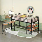 Black Twin Size Metal Loft Bed with Desk and Shelves for Kids and Teens