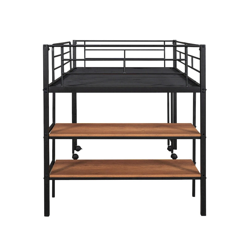 Black Twin Size Metal Loft Bed with Desk and Shelves for Kids and Teens