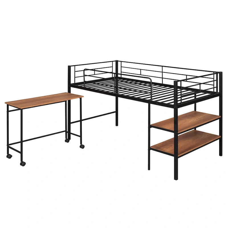 Black Twin Size Metal Loft Bed with Desk and Shelves for Kids and Teens