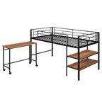 Black Twin Size Metal Loft Bed with Desk and Shelves for Kids and Teens