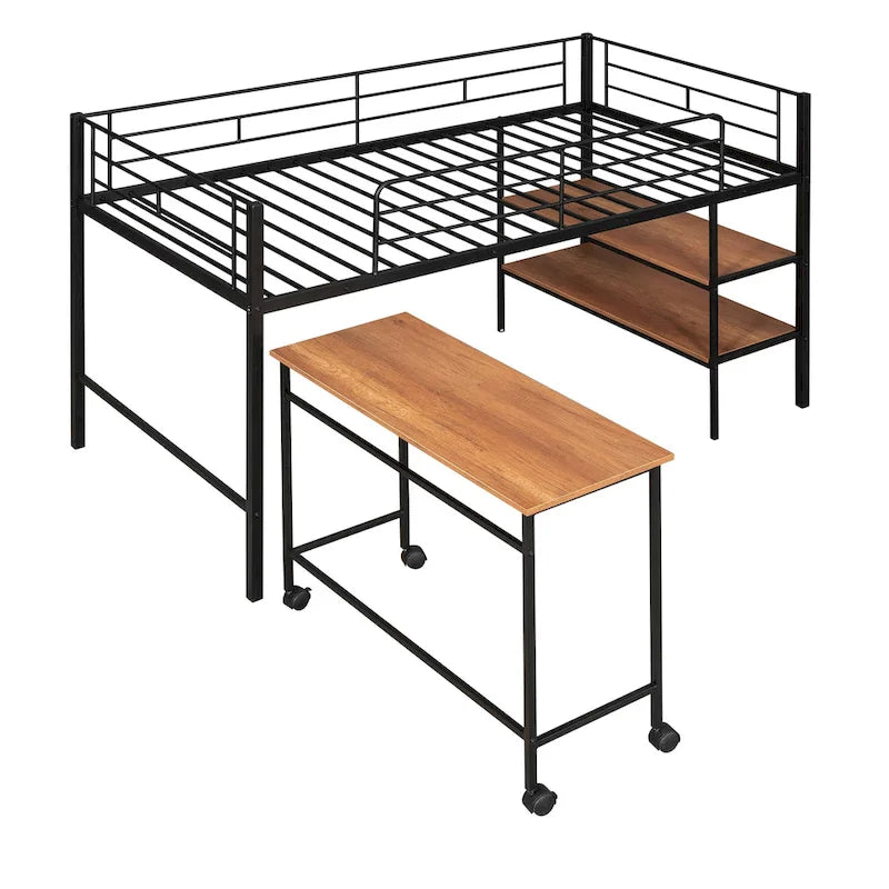 Black Twin Size Metal Loft Bed with Desk and Shelves for Kids and Teens