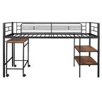 Black Twin Size Metal Loft Bed with Desk and Shelves for Kids and Teens