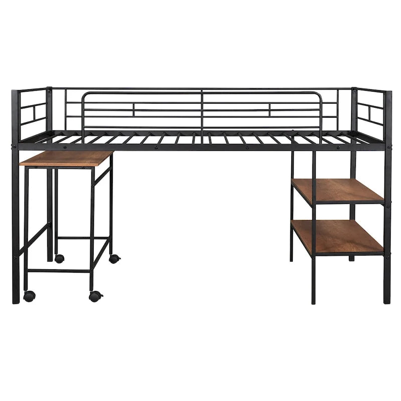 Black Twin Size Metal Loft Bed with Desk and Shelves for Kids and Teens
