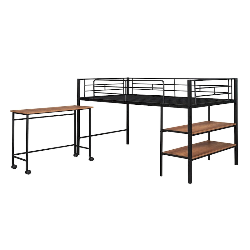 Black Twin Size Metal Loft Bed with Desk and Shelves for Kids and Teens