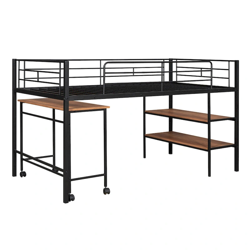 Black Twin Size Metal Loft Bed with Desk and Shelves for Kids and Teens