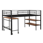 Black Twin Size Metal Loft Bed with Desk and Shelves for Kids and Teens