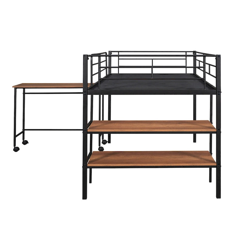 Black Twin Size Metal Loft Bed with Desk and Shelves for Kids and Teens