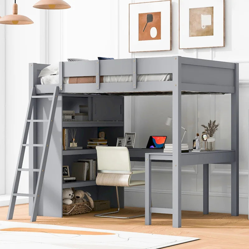 Full Size Solid Wood Loft Bed with Desk and Shelf for Kids, Boys and Girls, Bedroom