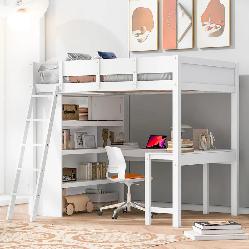 Full Size Solid Wood Loft Bed with Desk and Shelf for Kids, Boys and Girls, Bedroom
