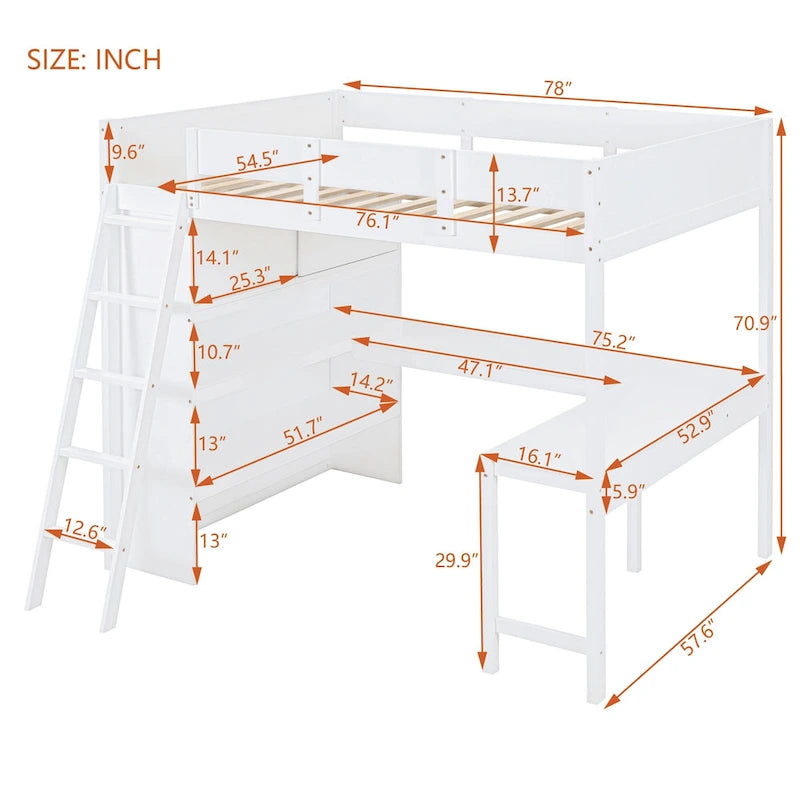 Full Size Solid Wood Loft Bed with Desk and Shelf for Kids, Boys and Girls, Bedroom