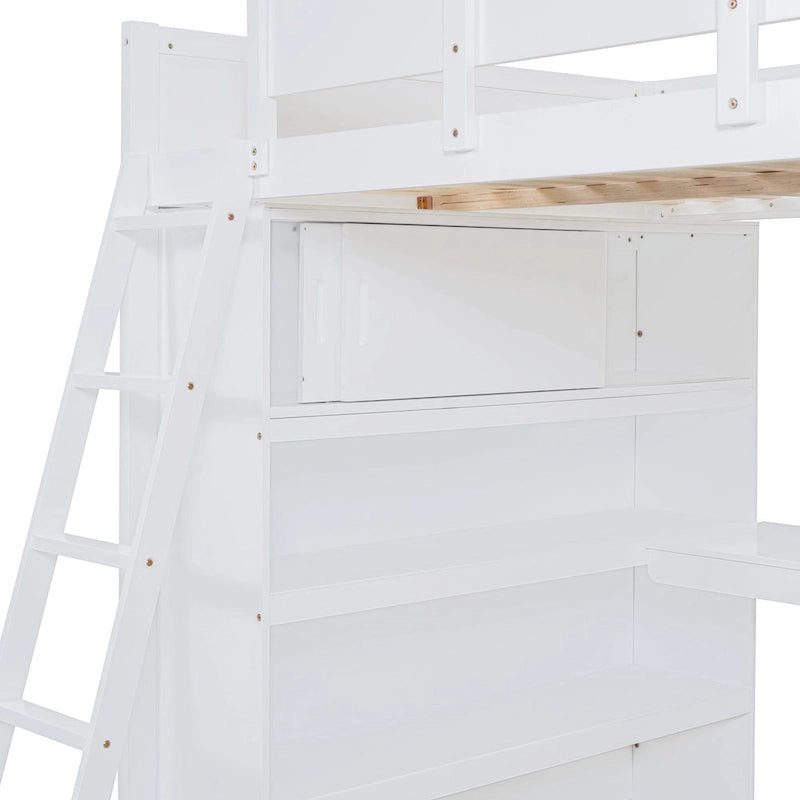 Full Size Solid Wood Loft Bed with Desk and Shelf for Kids, Boys and Girls, Bedroom