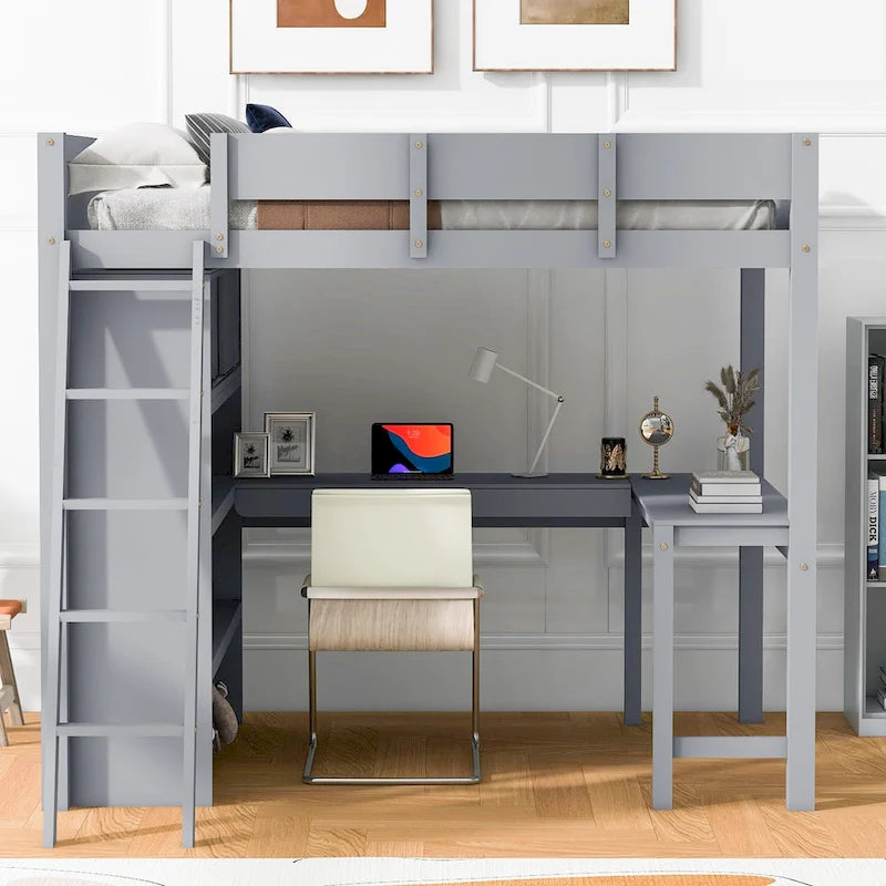 Full Size Solid Wood Loft Bed with Desk and Shelf for Kids, Boys and Girls, Bedroom