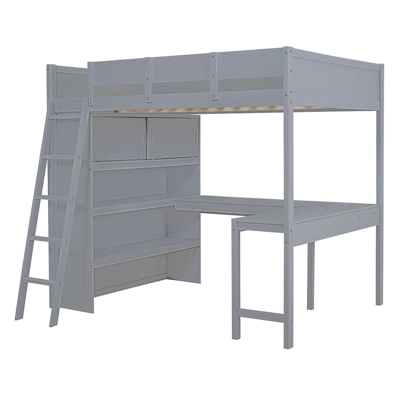 Full Size Solid Wood Loft Bed with Desk and Shelf for Kids, Boys and Girls, Bedroom