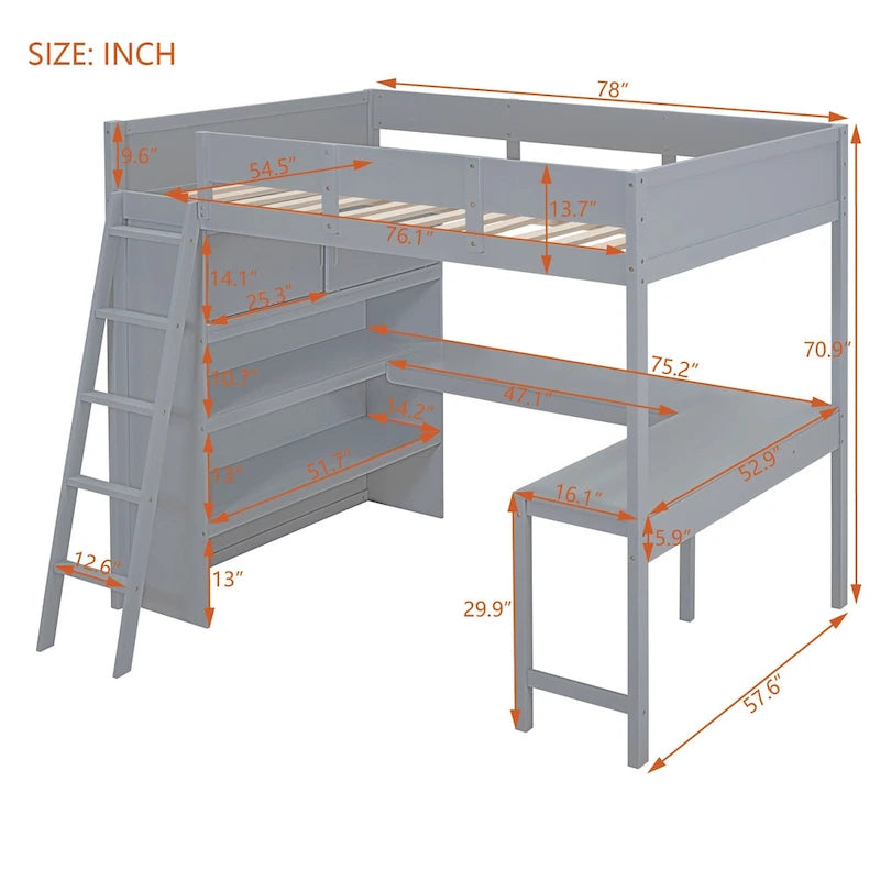 Full Size Solid Wood Loft Bed with Desk and Shelf for Kids, Boys and Girls, Bedroom