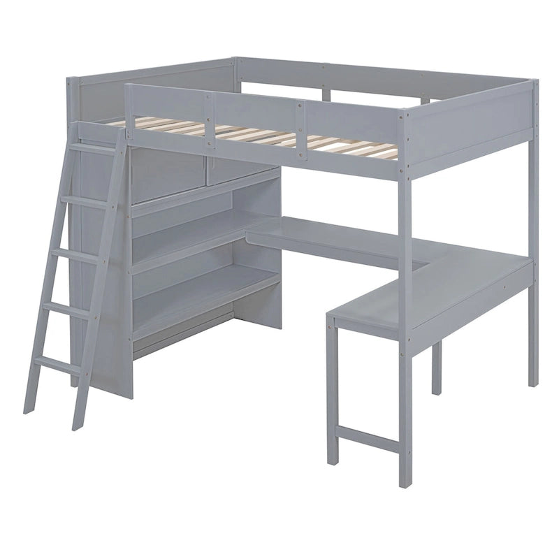 Full Size Solid Wood Loft Bed with Desk and Shelf for Kids, Boys and Girls, Bedroom