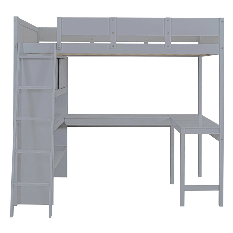 Full Size Solid Wood Loft Bed with Desk and Shelf for Kids, Boys and Girls, Bedroom