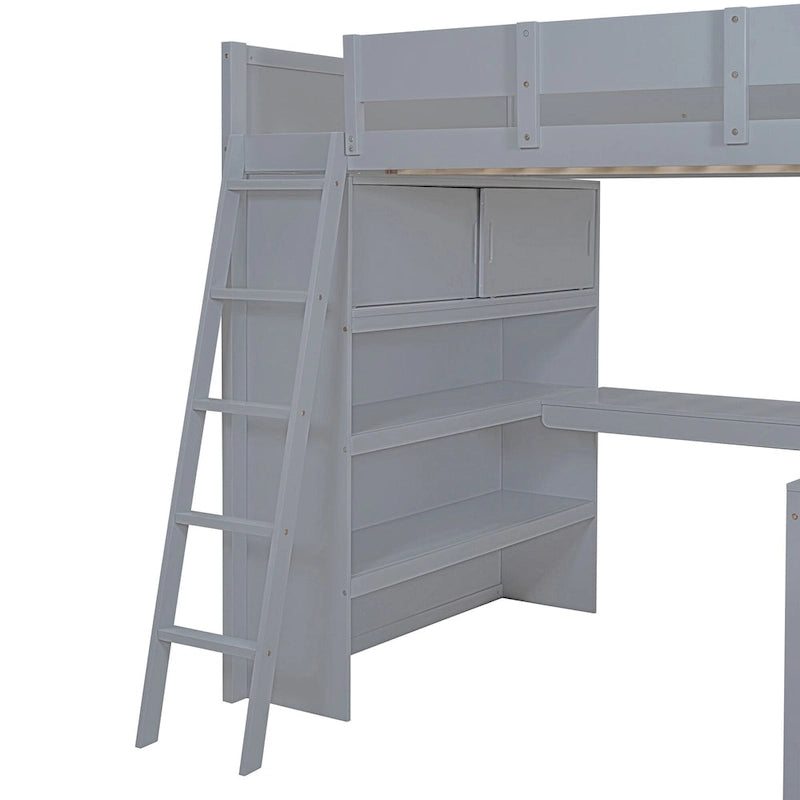 Full Size Solid Wood Loft Bed with Desk and Shelf for Kids, Boys and Girls, Bedroom
