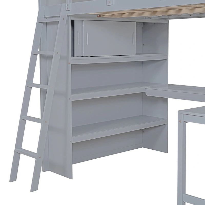 Full Size Solid Wood Loft Bed with Desk and Shelf for Kids, Boys and Girls, Bedroom