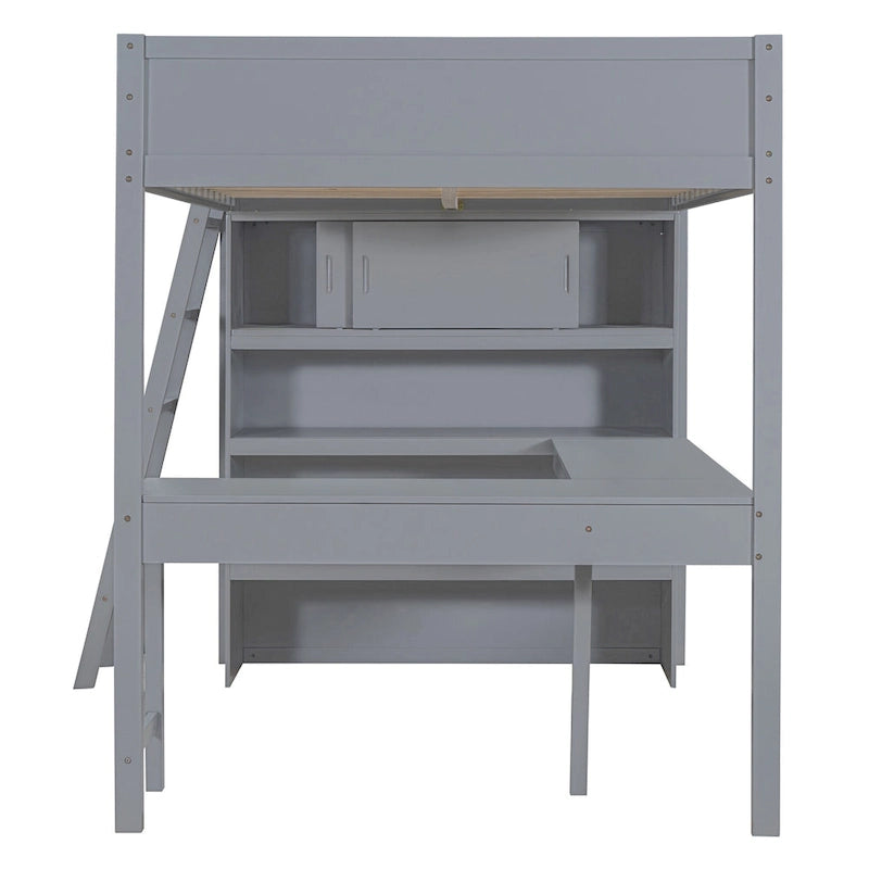 Full Size Solid Wood Loft Bed with Desk and Shelf for Kids, Boys and Girls, Bedroom