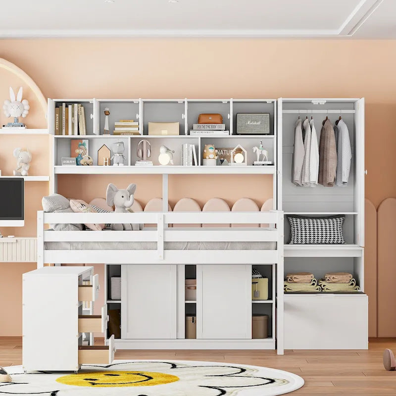 White Full Size Wooden Loft Bed with Integrated Wardrobe, Under-bed Desk, Drawers, with Shelves