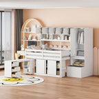 White Full Size Wooden Loft Bed with Integrated Wardrobe, Under-bed Desk, Drawers, with Shelves