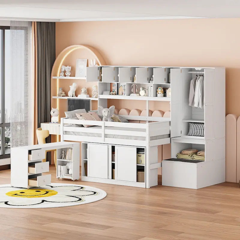 White Full Size Wooden Loft Bed with Integrated Wardrobe, Under-bed Desk, Drawers, with Shelves