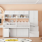 White Full Size Wooden Loft Bed with Integrated Wardrobe, Under-bed Desk, Drawers, with Shelves