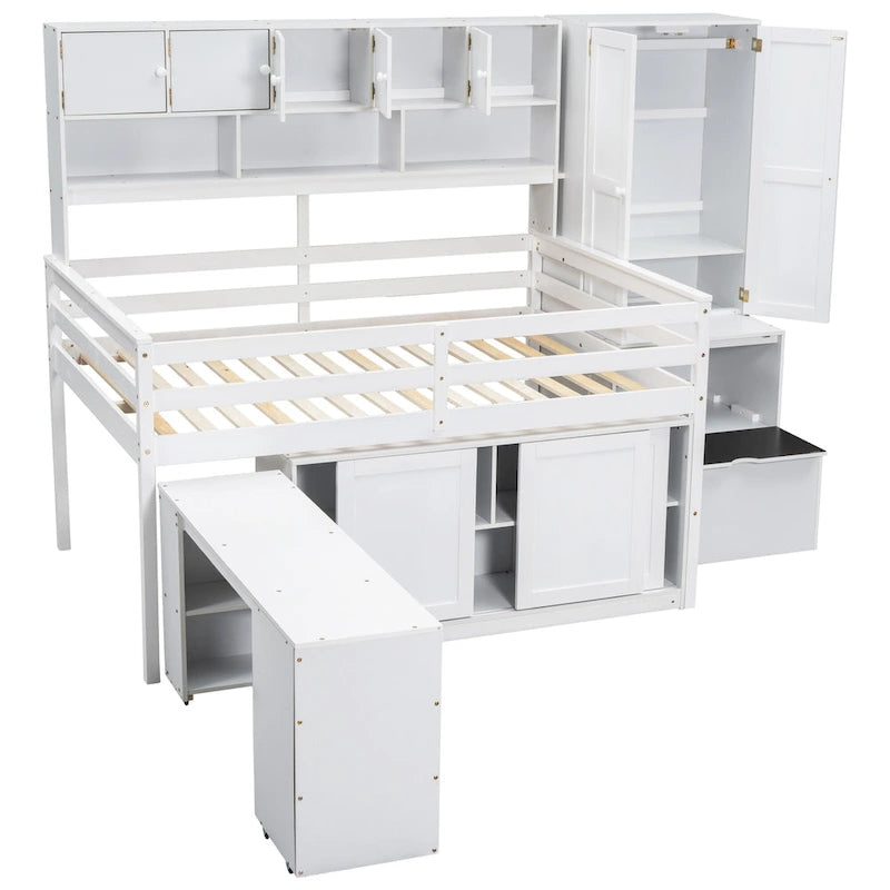 White Full Size Wooden Loft Bed with Integrated Wardrobe, Under-bed Desk, Drawers, with Shelves
