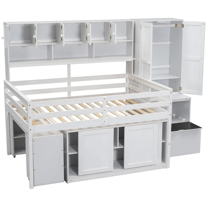 White Full Size Wooden Loft Bed with Integrated Wardrobe, Under-bed Desk, Drawers, with Shelves