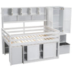 White Full Size Wooden Loft Bed with Integrated Wardrobe, Under-bed Desk, Drawers, with Shelves