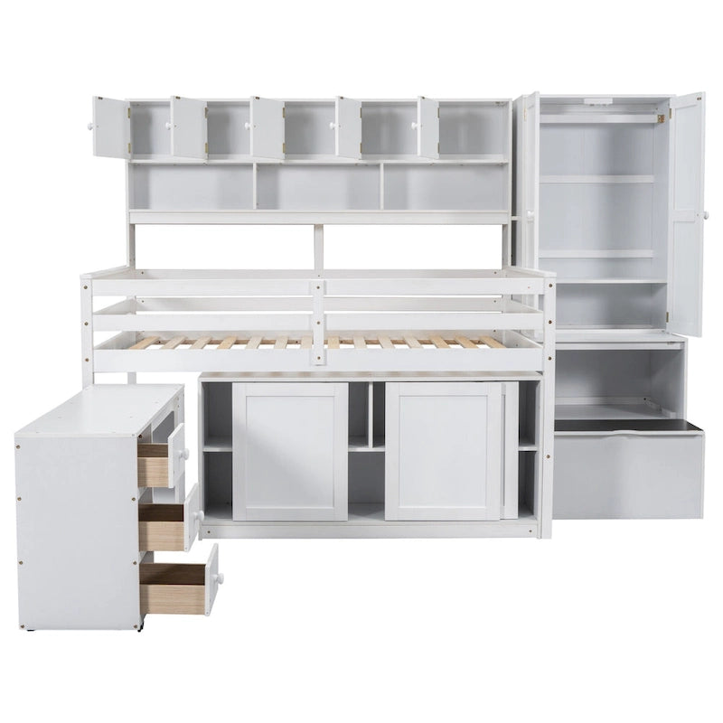 White Full Size Wooden Loft Bed with Integrated Wardrobe, Under-bed Desk, Drawers, with Shelves