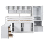 White Full Size Wooden Loft Bed with Integrated Wardrobe, Under-bed Desk, Drawers, with Shelves