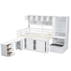 White Full Size Wooden Loft Bed with Integrated Wardrobe, Under-bed Desk, Drawers, with Shelves